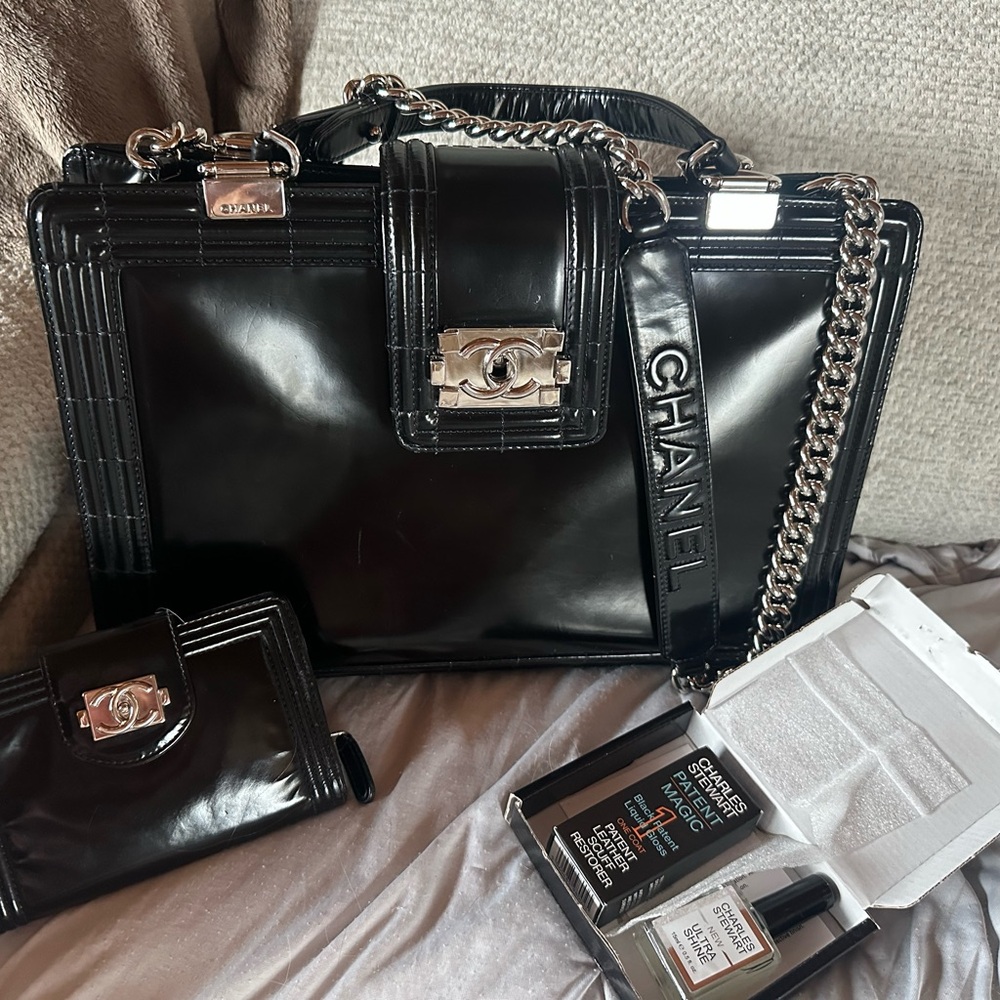 Chanel Black Patent Boy Tote AND matching wallet